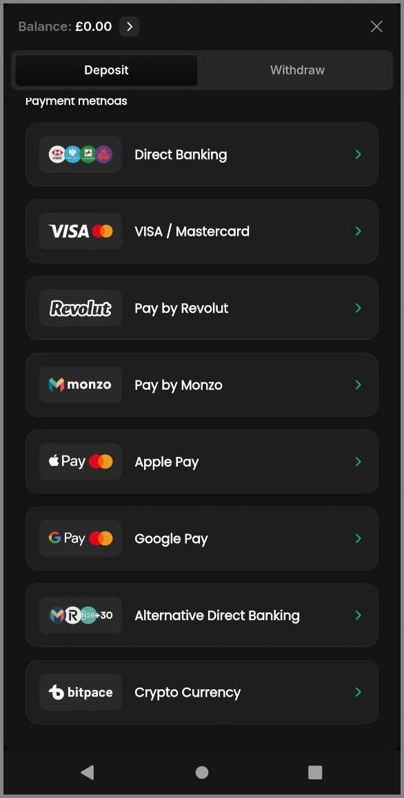BetNinja payment methods overview