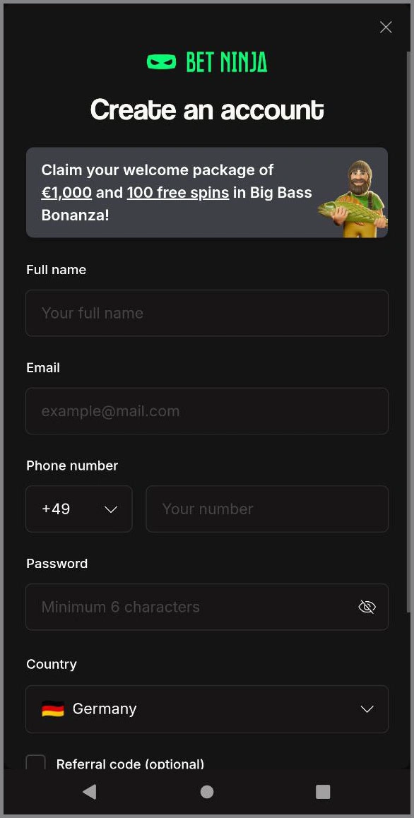 Quick registration for new players at BetNinja