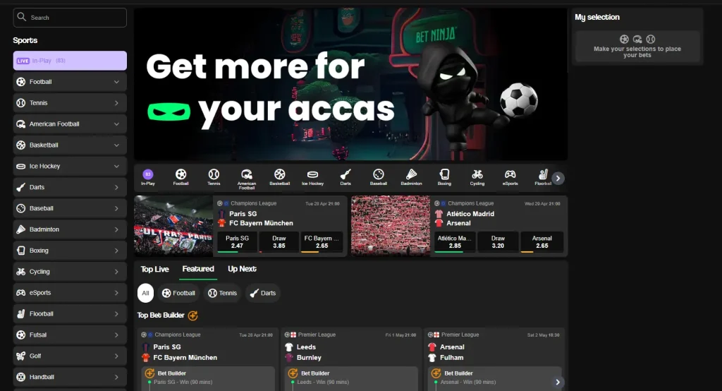 BetNinja casino sport section interface