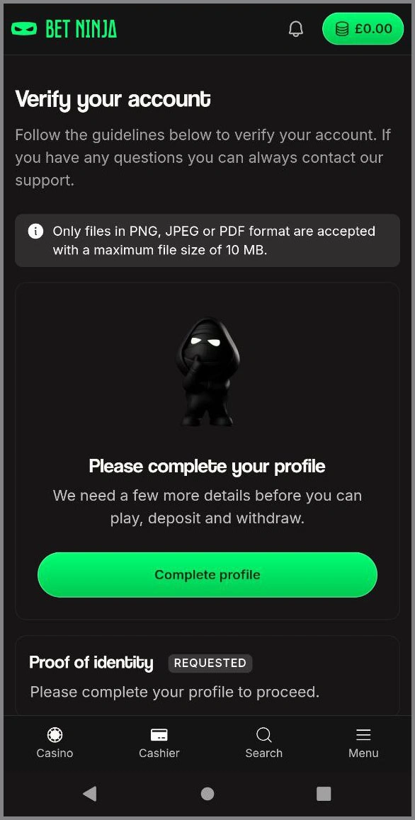 KYC procedure and document requirements at BetNinja