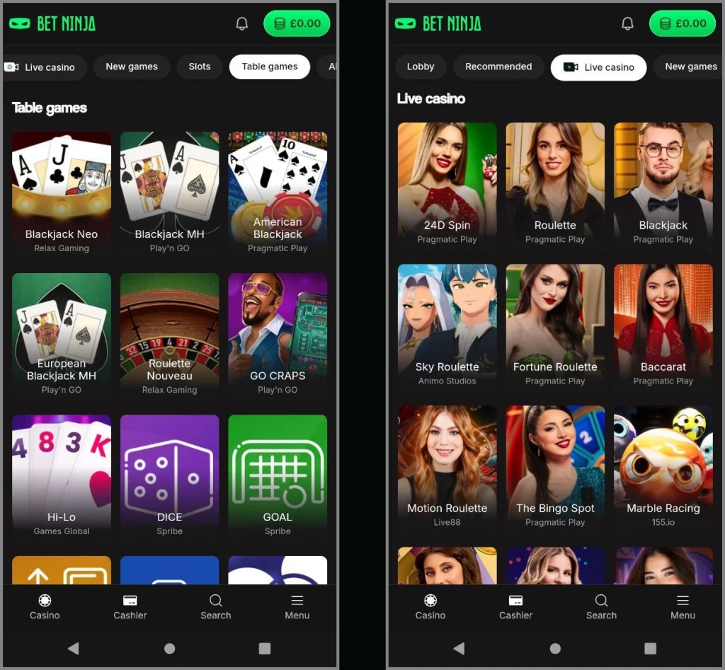 Live casino and live table games at Betninja UK with real dealers