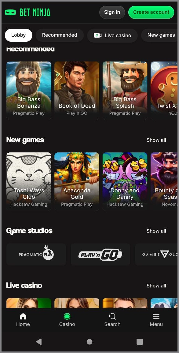 Optimised mobile version of the BetNinjawebsite